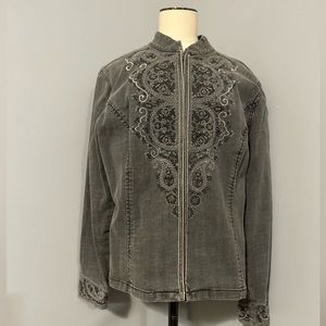 Chico’s Platinum collection gray embroidered toggle closure jacket size 2(L)